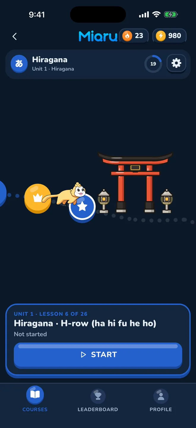The Japanese course trail in the Miaru app, with Luffy galloping past a torii gate