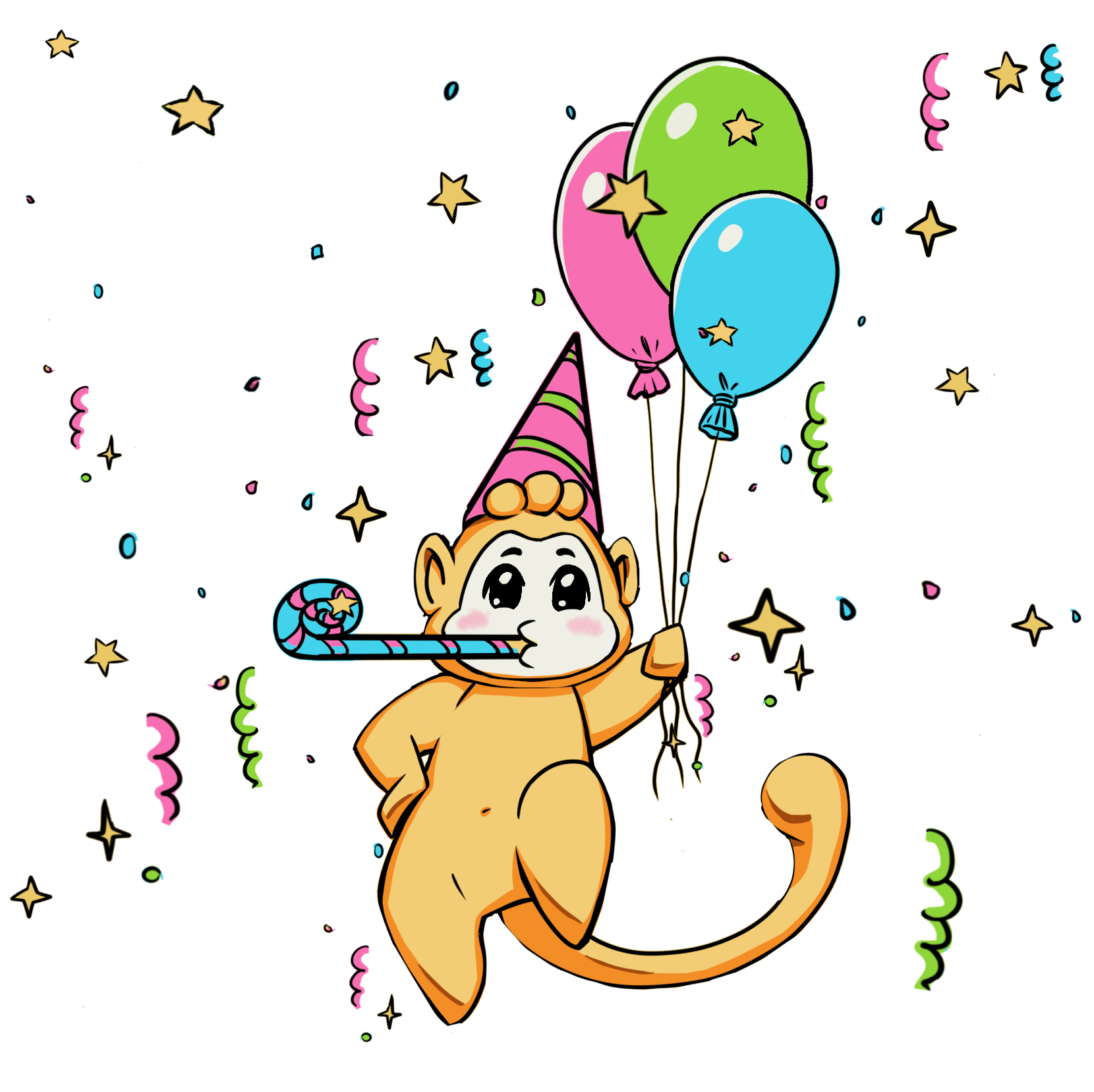 Luffy celebrating a learning milestone with balloons and confetti