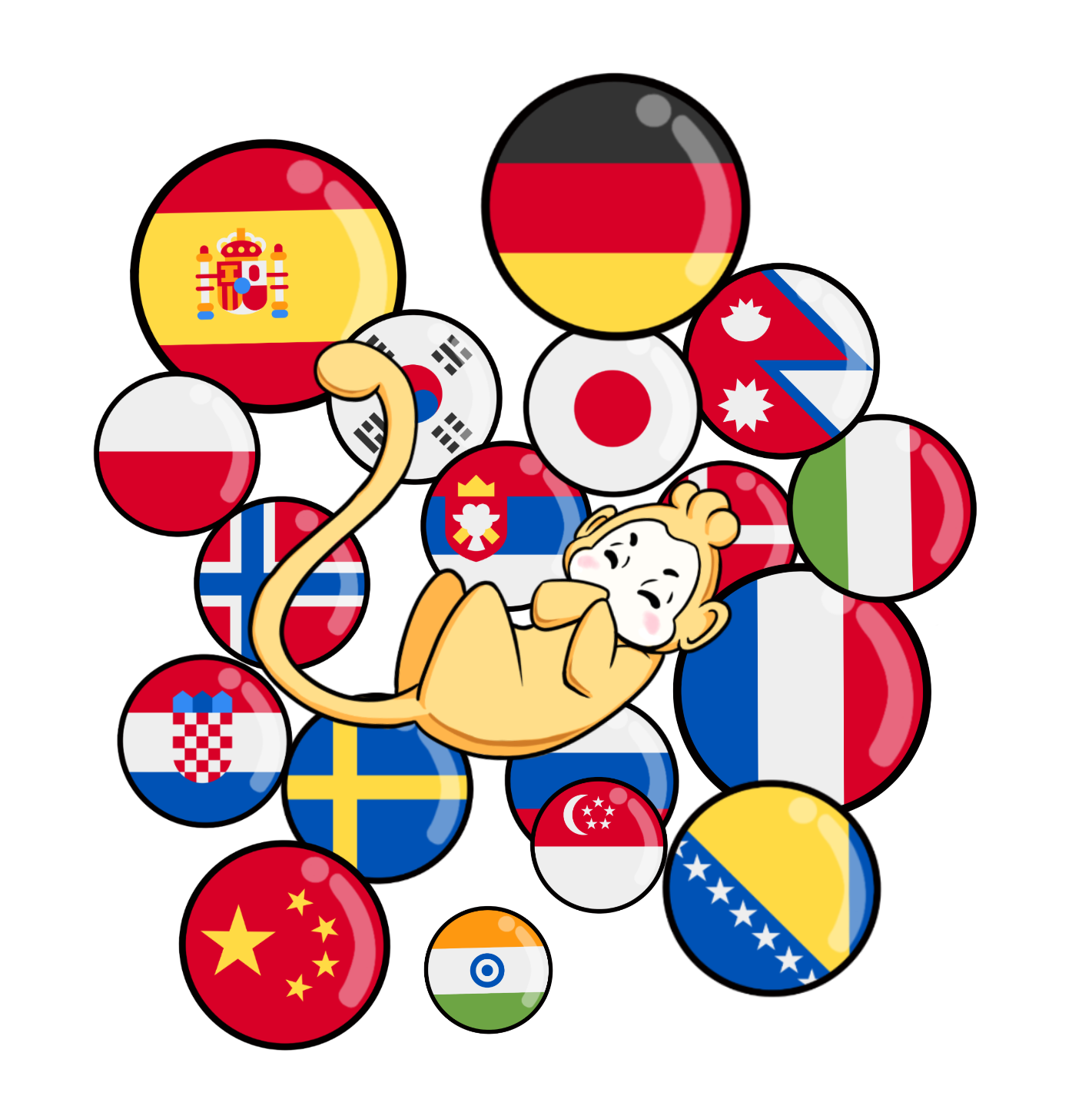 Luffy resting among flag bubbles from around the world
